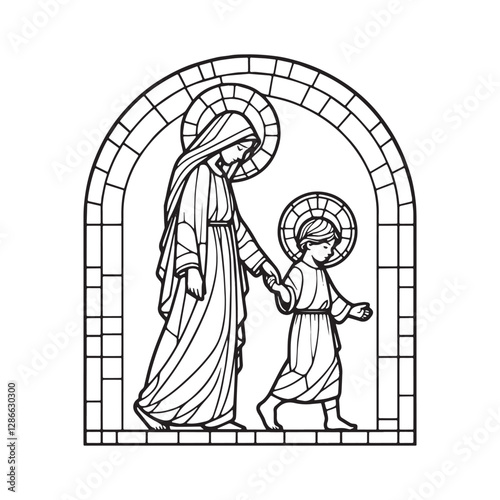 Mosaic Depiction of Mary and Jesus, First Steps in Arc Window Frame