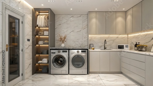 Luxury Apartment Laundry Room Features High-End Appliances and Elegant Design