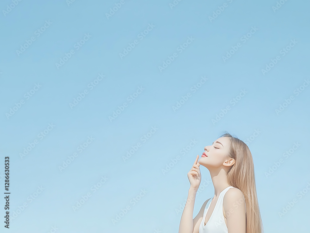 Contemplative woman posing against clear blue sky outdoor portrait natural light serene atmosphere close-up perspective Contemplative woman posing against clear blue sky outdoor portrait natural light serene atmosphere close-up perspective