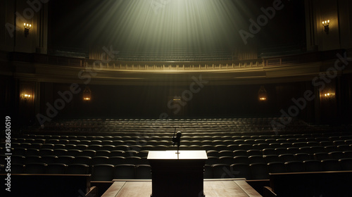 Grand view of an empty congressional hall with a podium under dramatic lighting photo