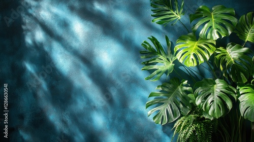 Tropical Plants, Teal Wall, Shadows photo
