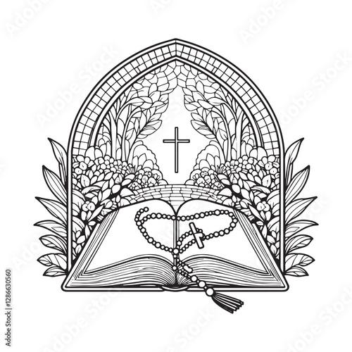 Mosaic Depiction, Bible and Rosary in Garden Arc Window Illustration