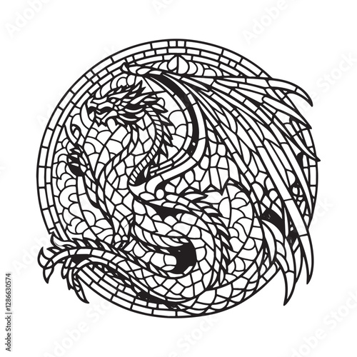 Mosaic Dragon in Arc Window, A Medieval Fantasy Design Element