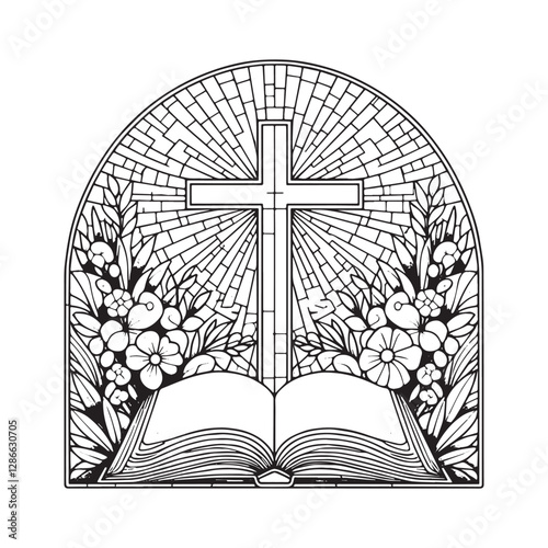 Mosaic Style Bible and Cross with Floral Frame Illustration in Window