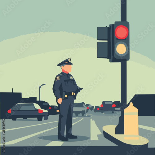 Police Officer Directing Traffic at a Red Light