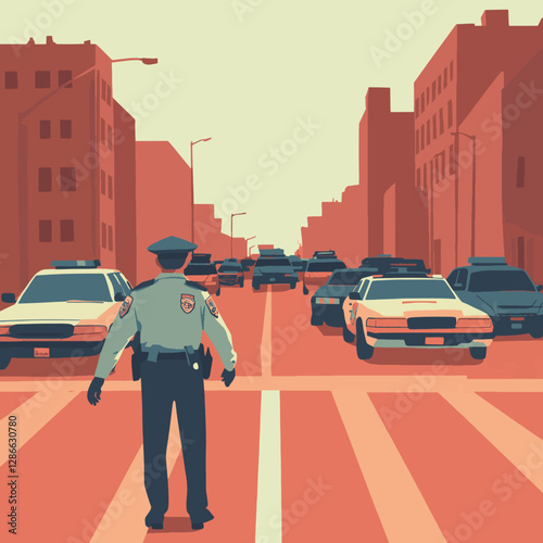 Police Officer Standing in Crosswalk, City Street, Cars in Background