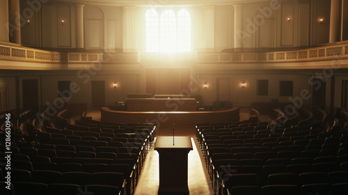 Grand view of an empty congressional hall with a podium under dramatic lighting