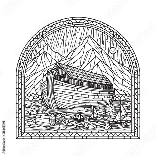Noah's Ark Mosaic Illustration Resting on Mount Ararat in Arc Window