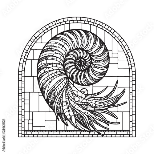 Nautilus Shell Minimalist Mosaic Outline in Arc Window 8400