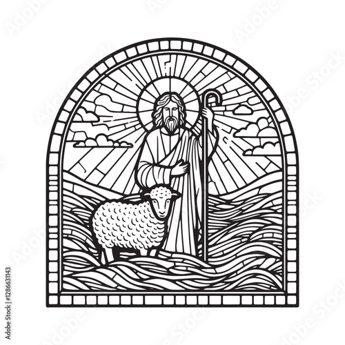 Psalm 23 minimalist mosaic outline in a simple arc window design