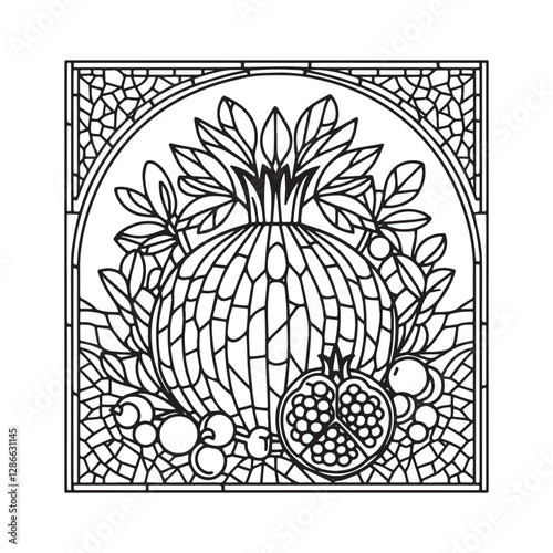 Pomegranate mosaic outline art symbolizing resurrection and eternal life and spiritual growth in detailed black and white vector illustration