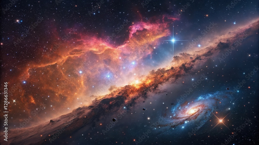 Fototapeta premium Nebula Displaying Fiery Colors with Spiral Galaxy in Space