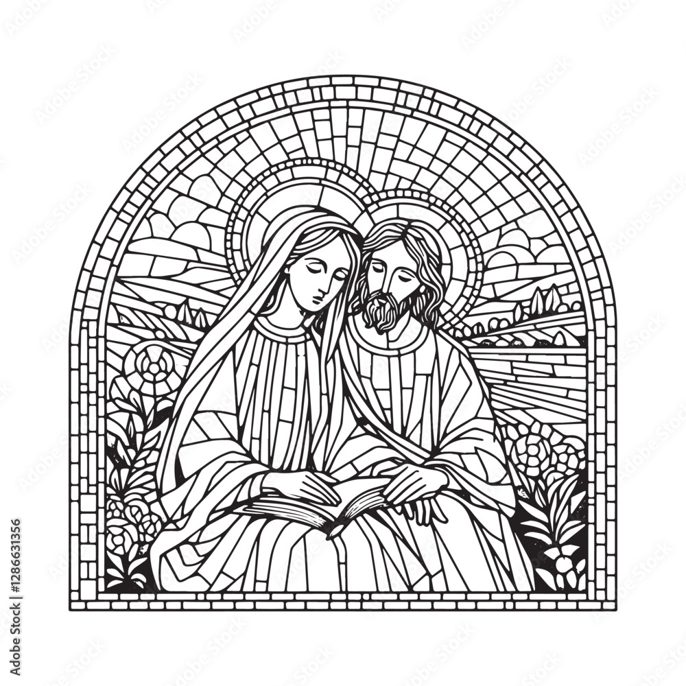 Fototapeta premium Serene Depiction of Mary and Jesus in Mosaic Style within Arc Window
