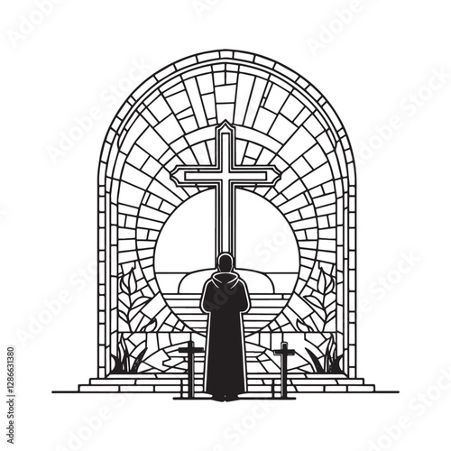 Serene Mosaic, Praying Figure Before Cross at Sunrise within Arc Window