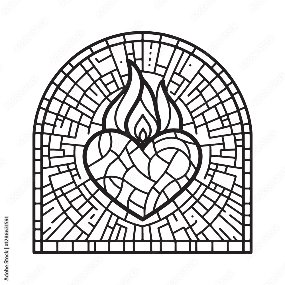 Obraz premium Stained Glass Heart with Mosaic Flame in Arc Window Design Illustration