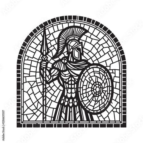 Spartan Warrior Mosaic Art, Minimalist Outline Inside an Arc Window