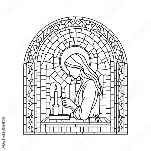 Stained glass depiction of a woman in prayer lighting a candle in a chapel