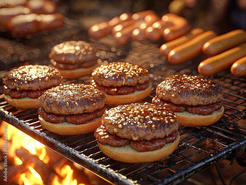 A barbecue grill loaded with burgers and hot dogs for a Memorial Day cookout, with friends gathered around A barbecue grill loaded with burgers and hot dogs for a Memorial Day cookout, with friends gathered around