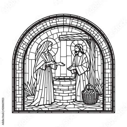 Minimalist Mosaic Depiction of Jesus and the Woman at Jacob's Well Conversation Between Jesus and Samaritan Woman Stained Glass Style