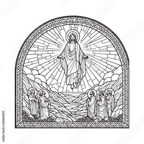 The Ascension of Jesus Christ in Minimalist Mosaic Outline within an Arc Window