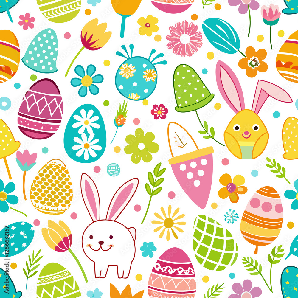 Colorful Easter seamless pattern with eggs, bunnies, and flowers.