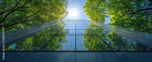 Modern, abstract architecture with glass facade and integrated solar technology that reflects green trees. A symbolic image for sustainable construction, energy use and the future of green cities.