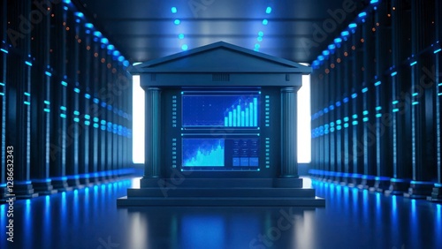 Stylized Bank Building with Financial Data in a Blue Lit Server Room
