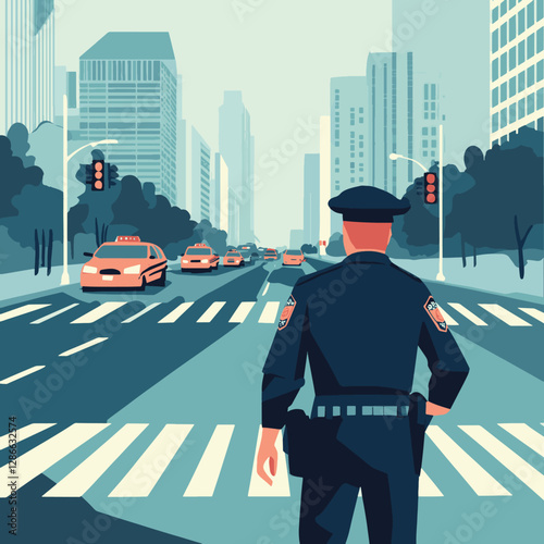 Police Officer on Duty in Busy City Street