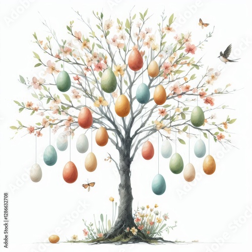 A Whimsical Minimalist Easter Egg Tree in Delicate Watercolor