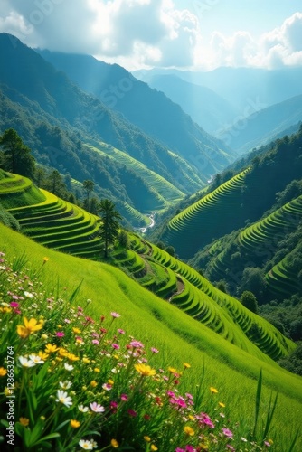 Steep slope with rice terraces and wildflowers, agriculture, agricultural practices