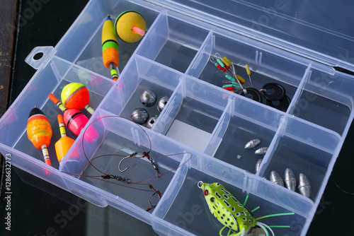 Photos Fishing equipment such as floats, sinkers, hooks and fishing bait in a box
