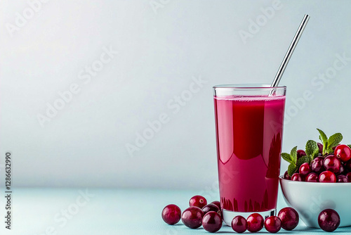 Wallpaper Mural Red Cranberry Juice in a Glass with Fresh Berries in a Wooden Bowl, White Background Torontodigital.ca