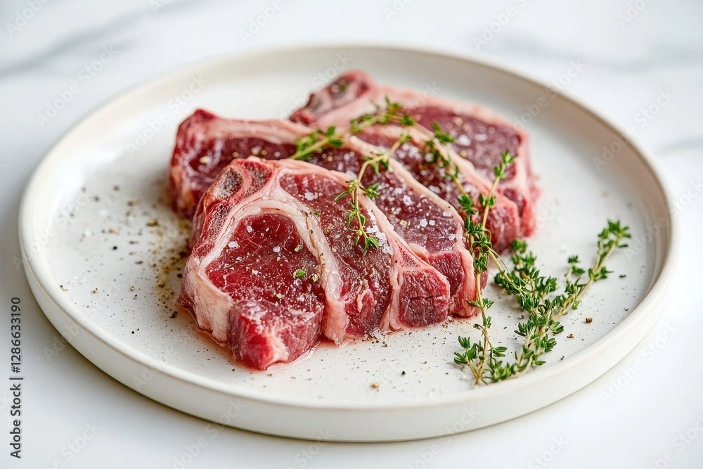Fresh Raw Lamb Chops Seasoned with Salt and Decorated with Thyme on a Round Plate Fresh Raw Lamb Chops Seasoned with Salt and Decorated with Thyme on a Round Plate