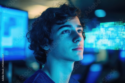 Young programmer engrossed in coding, illuminated by blue screen glow, deep in thought.