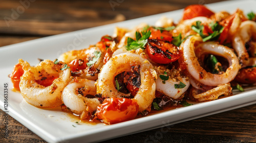 Grilled Sicilian calamari with roasted cherry tomatoes and herbs on white plate
