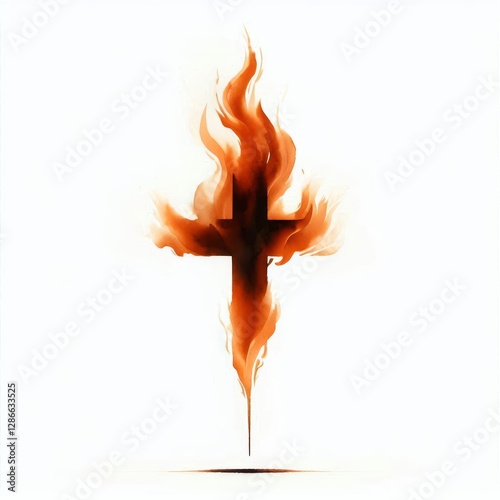 Burning faith, Minimalist watercolor cross engulfed in fiery passion