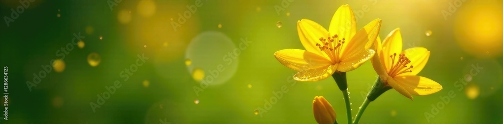 Obraz premium Yellow petals glistening on a green stem in sunlight, flowers, dewy