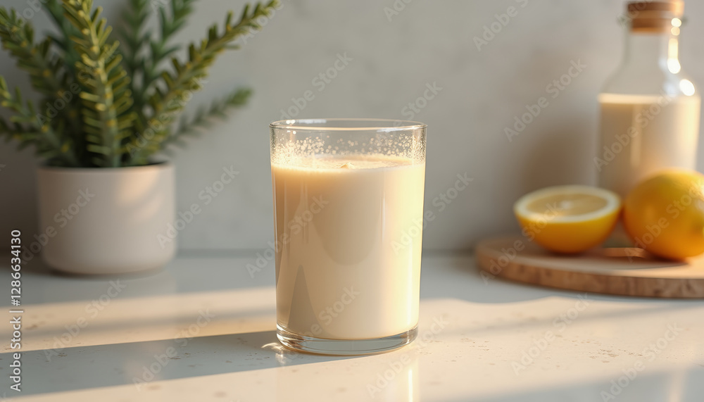 Collagen powder drink in glass on countertop with lemon and greenery decoration Collagen powder drink in glass on countertop with lemon and greenery decoration
