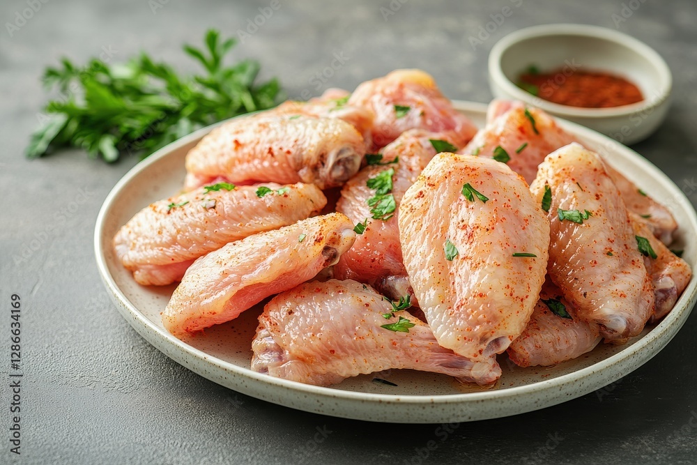 Fresh Raw Chicken Wings with Herbs and Spices on a Plate Ready for Cooking Preparation Fresh Raw Chicken Wings with Herbs and Spices on a Plate Ready for Cooking Preparation