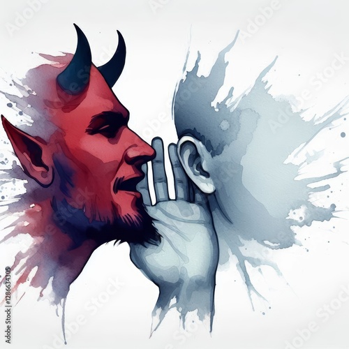 Deceptive whispers, A minimalist watercolor portrayal of moral corruption