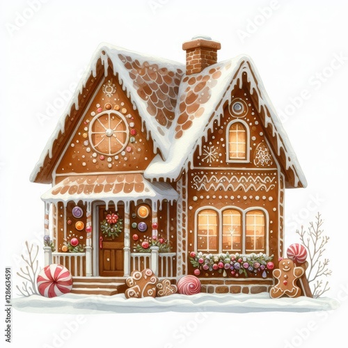 Delightful Watercolor Gingerbread House with Festive Candy and Icing Details
