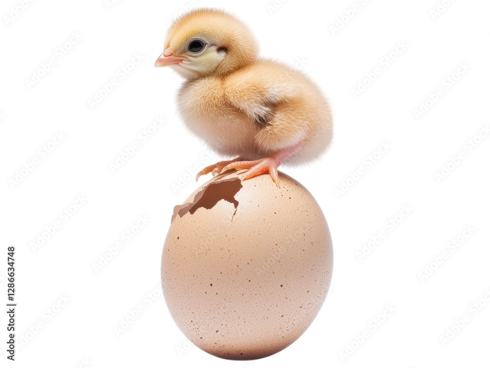 A cute chick hatching from an egg, showcasing the beauty of new life against a white isolated background. A cute chick hatching from an egg, showcasing the beauty of new life against a white isolated background.