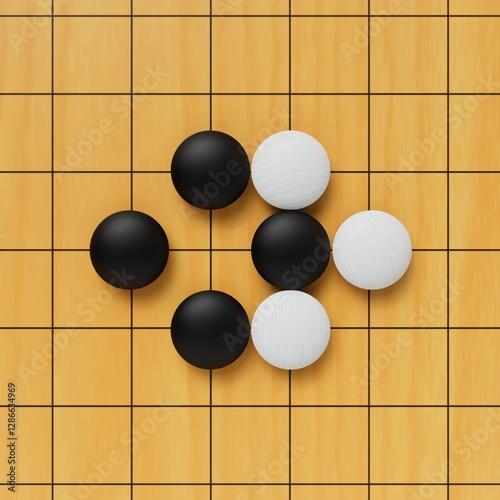 A critical Ko fight in the game of Go, where black and white stones compete in a strategic exchange. A move here determines the game's balance.