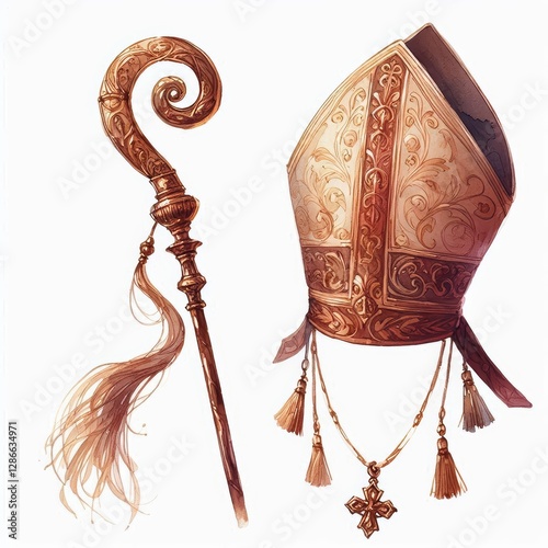 Elegant bishopric regalia watercolor illustration with spiritual symbolism