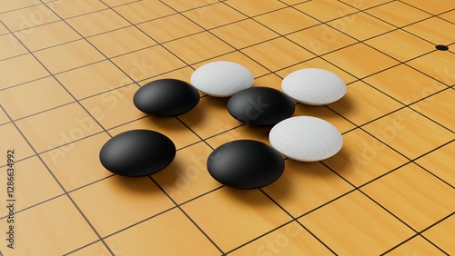 A close-up of black and white Go stones on a wooden Go board, showing a captured shape in gameplay.