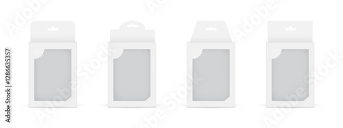 Set Of Hanging Boxes With Transparent Window, Front View, Isolated On White Background. Vector Illustration