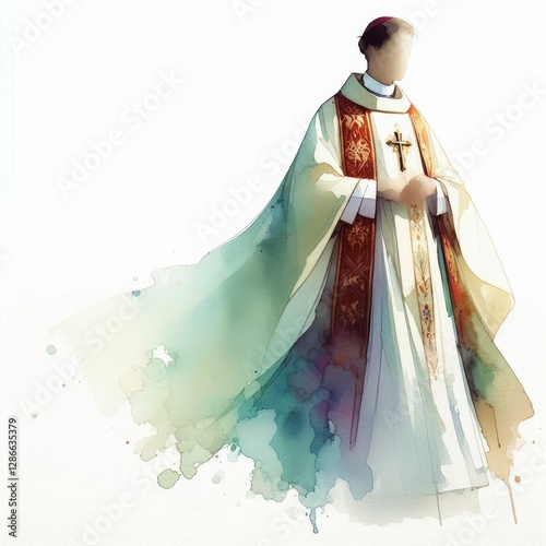 Elegant watercolor priest's alb with liturgical colors artistic rendering