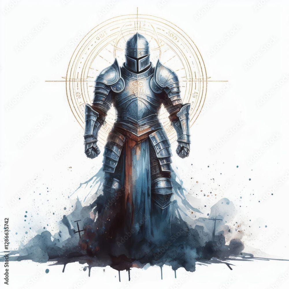 Obraz premium Ephesians 6, Minimalist watercolor depiction of spiritual warrior in full armor