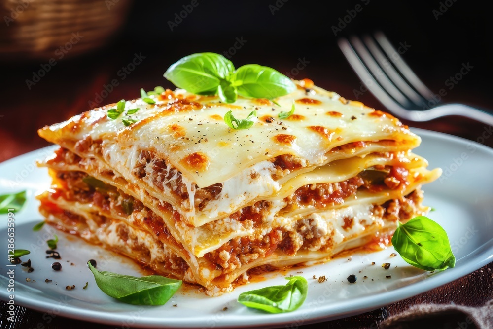 Layered lasagna with meat sauce, cheese, and pasta, garnished with basil, showcasing Italian comfort food. Layered lasagna with meat sauce, cheese, and pasta, garnished with basil, showcasing Italian comfort food.