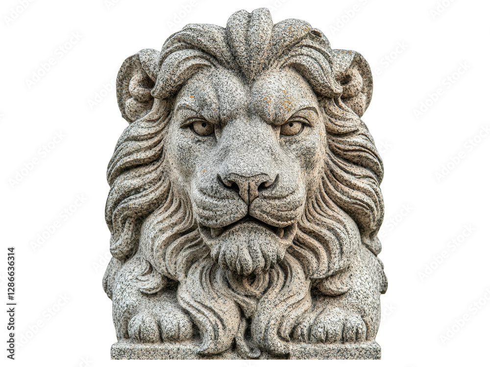Stone lion sculpture with detailed mane and fierce expression, isolated on white background. Stone lion sculpture with detailed mane and fierce expression, isolated on white background.